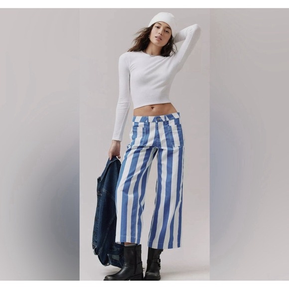 BDG Denim - BDG Joey Striped Straight Leg Pants Blue White Wide Crop Sz 28 Urban Out NWT